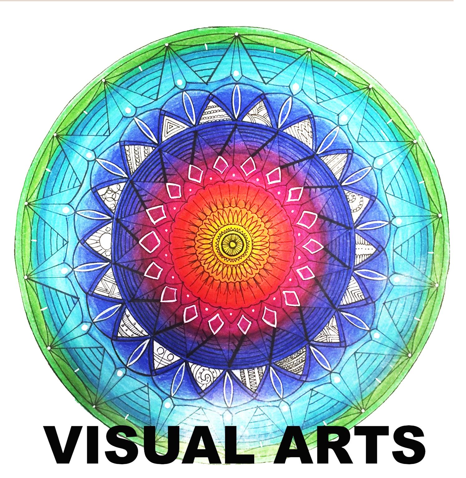 A circular image with patterns inside. Different rings are different colours - green, blue, purple, pink with the centre orange and yellow. text reads visual arts