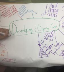 In this image students are adding notes to a chart paper that says "developing and organizing content".
